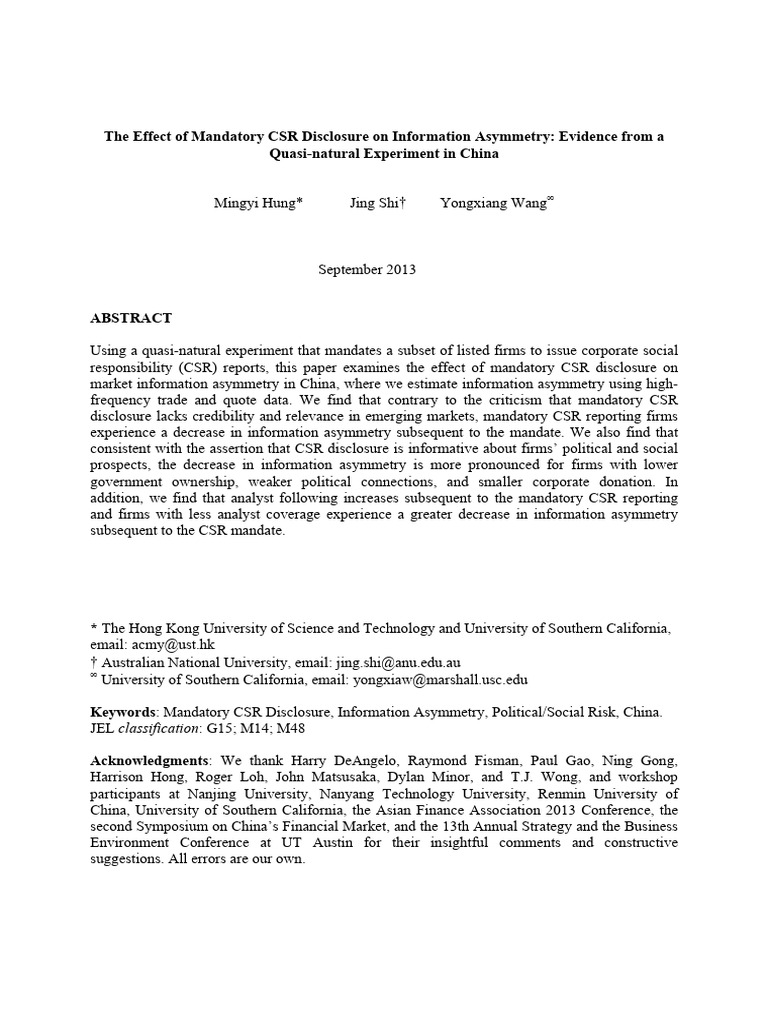 Impact of CSR Disclosure on Information Asymmetry | PDF | Corporate ...