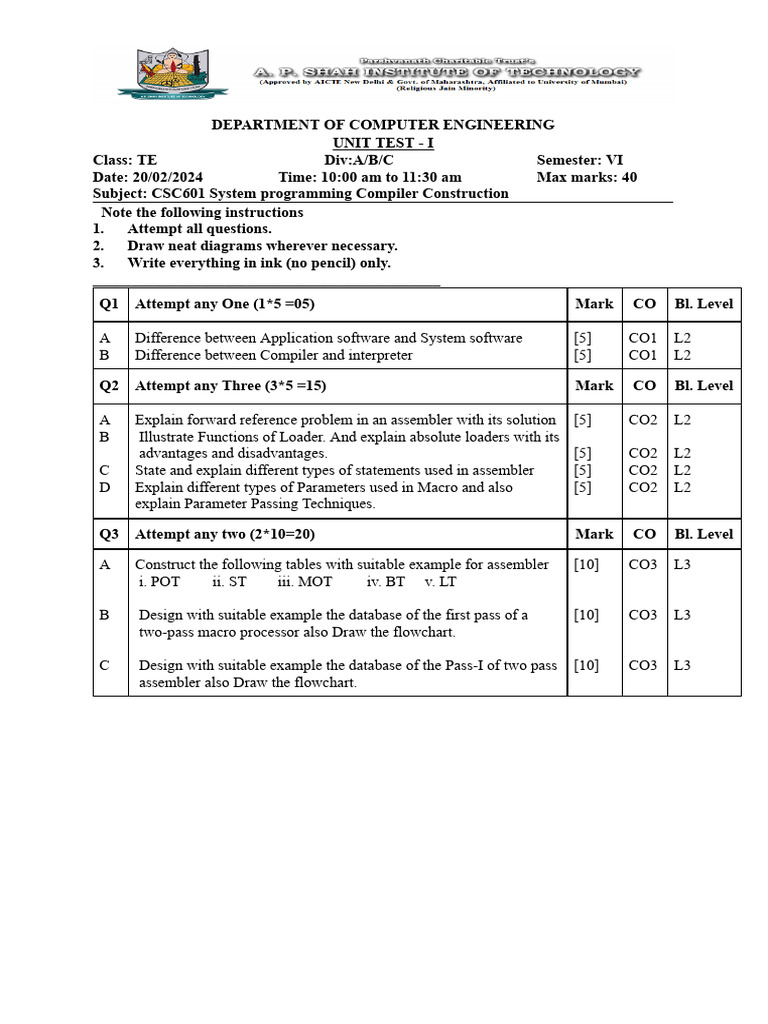 SPCC Exam for System Programming | PDF