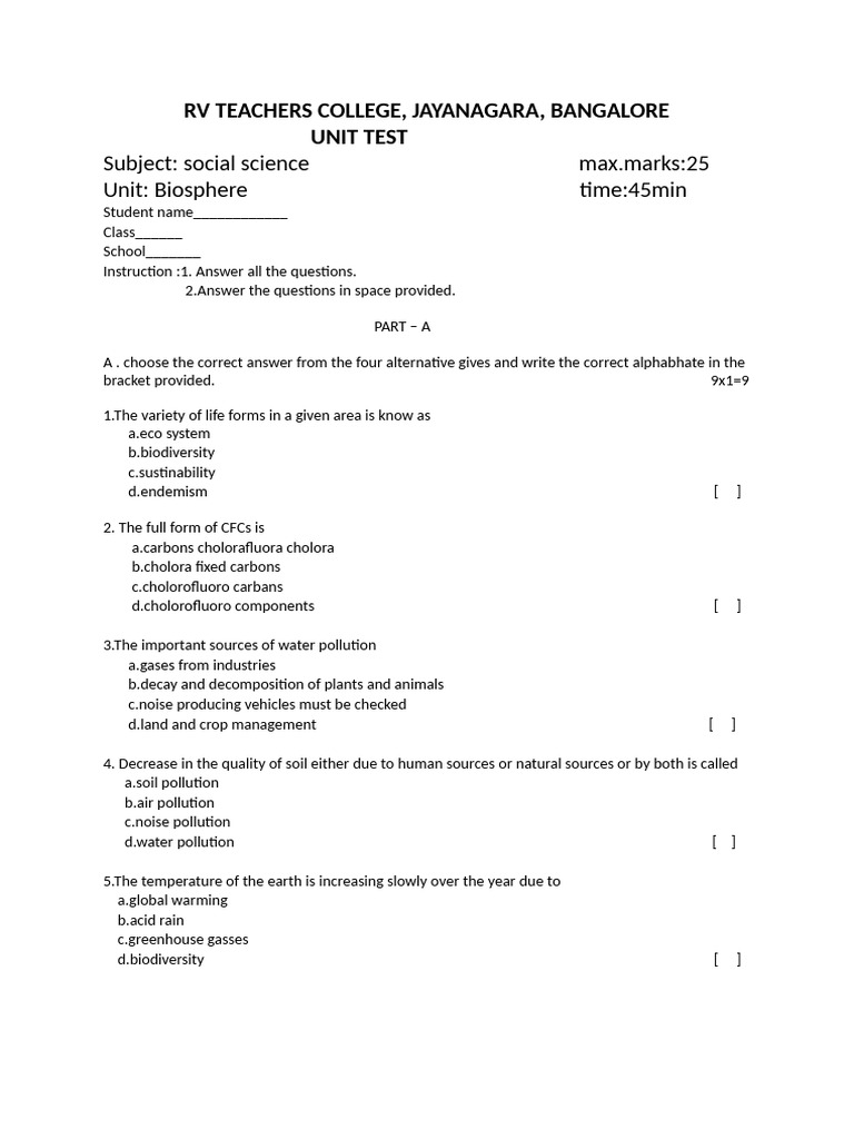 Social Science Unit Test on Biosphere | PDF | Pollution | Biodiversity