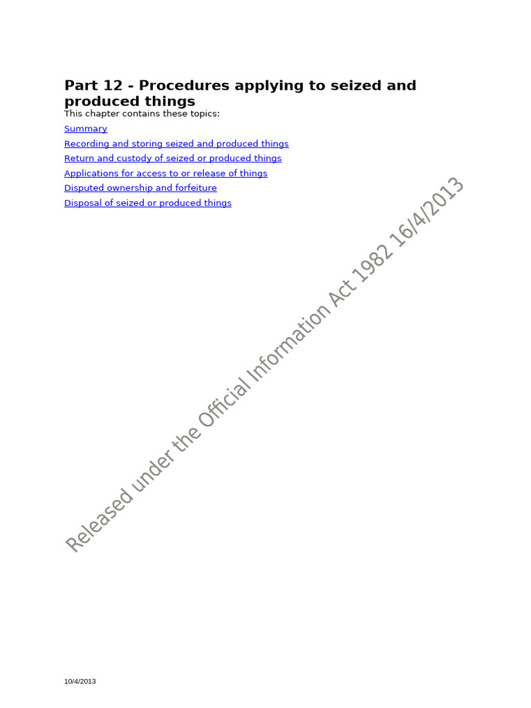 Part 12 Procedures Applying To Seized and Produced Things As at 8 4 13 ...