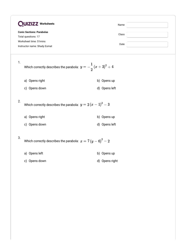 Quizizz - Conic Sections - Parabolas | PDF | Manifold | Differential ...