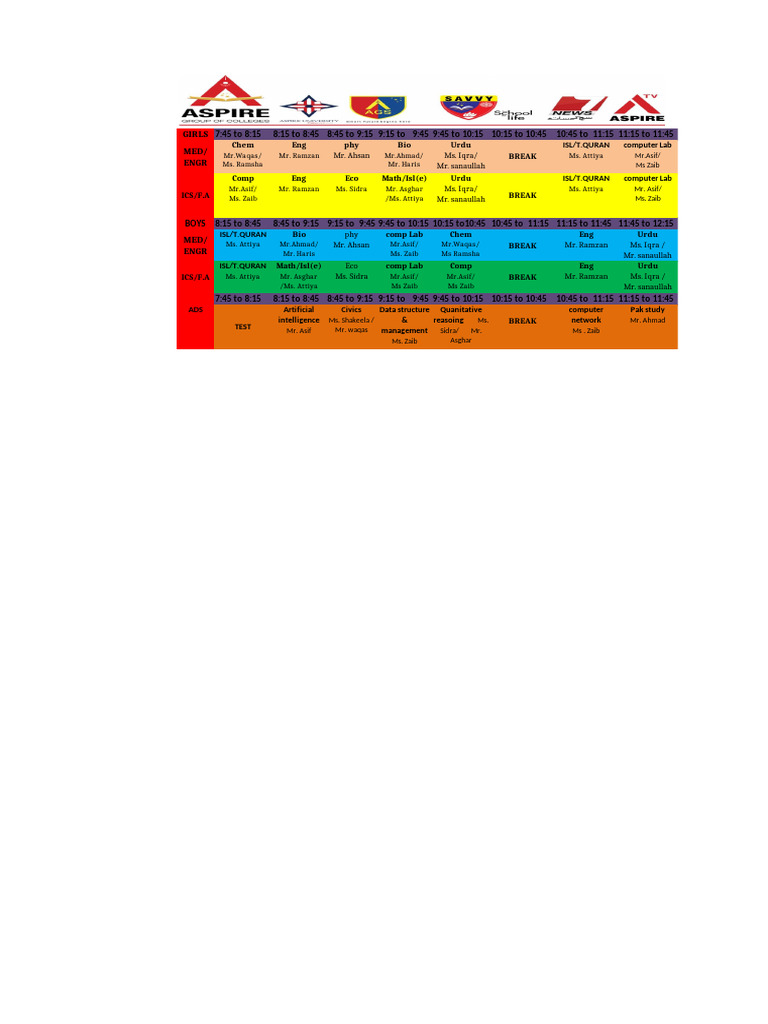 Class Schedule for Girls and Boys | PDF