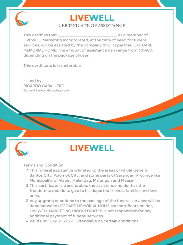 Livewell Certificate of Assistance A4 | PDF