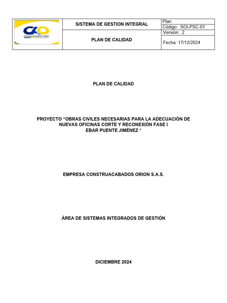 Plan de Calidad para Obras Civiles 2024 | PDF | Calidad (comercial ...