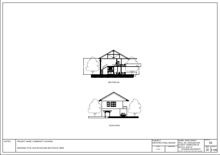 3BHK Elevation and Section Drawing | PDF