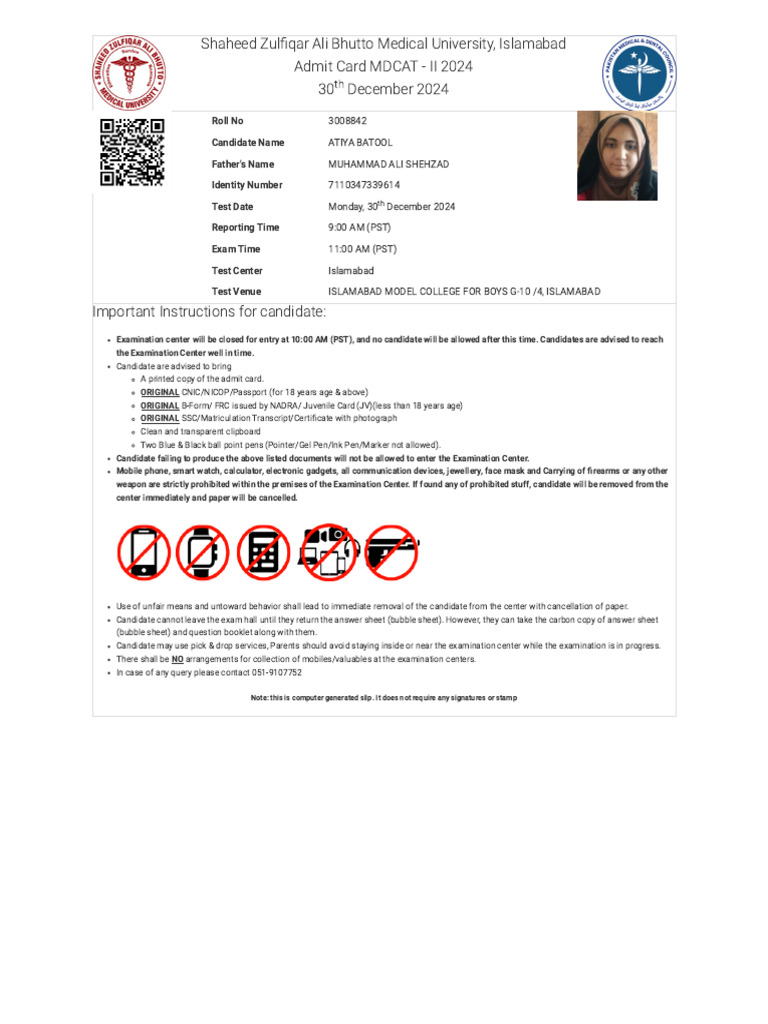 MDCAT 2024 Admit Card for Atiya Batool | PDF