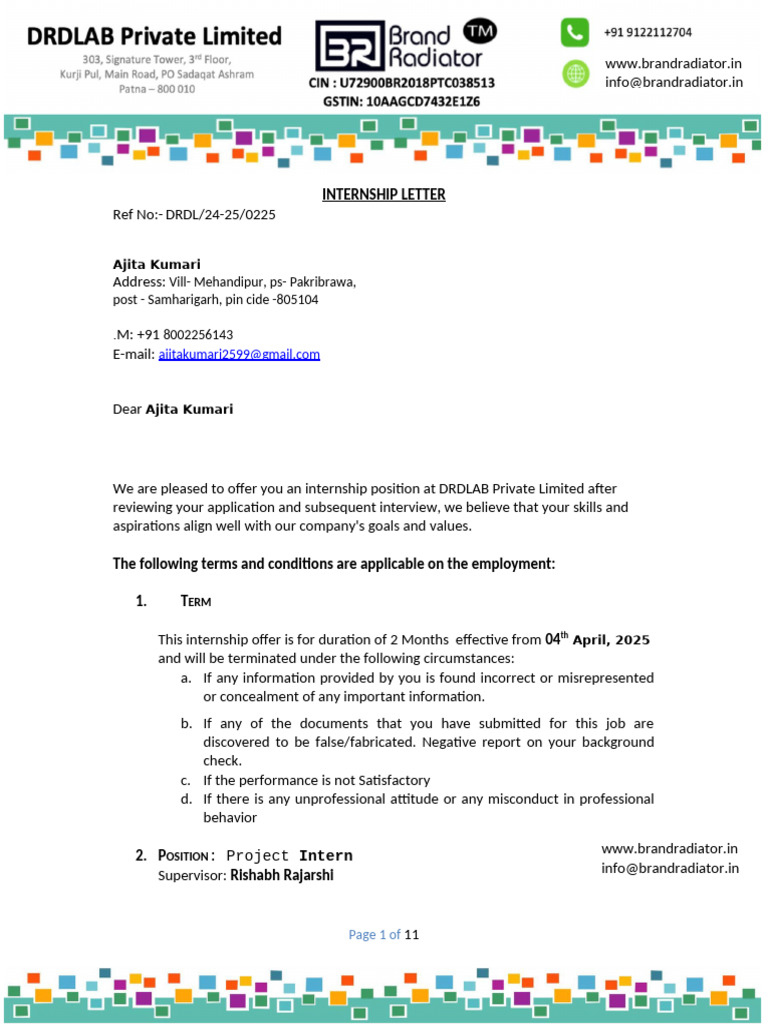Ajita Kumari Internship Letter | PDF | Employment | Intellectual Property