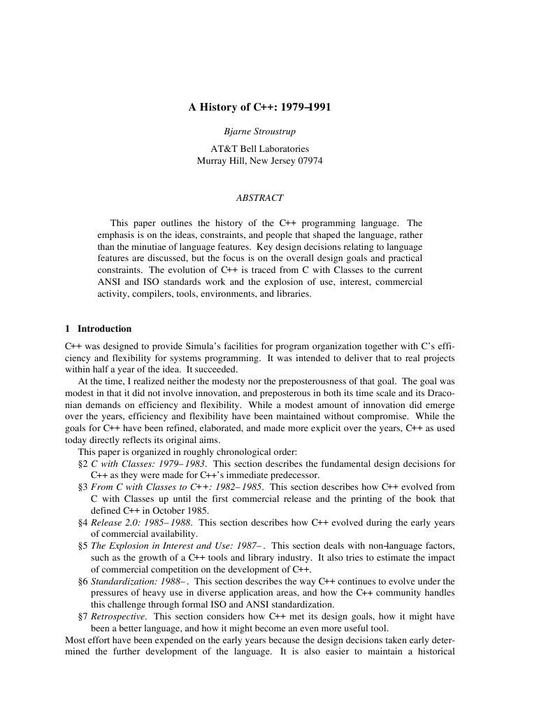 A History of C++: 1979 1991: Bjarne Stroustrup | PDF