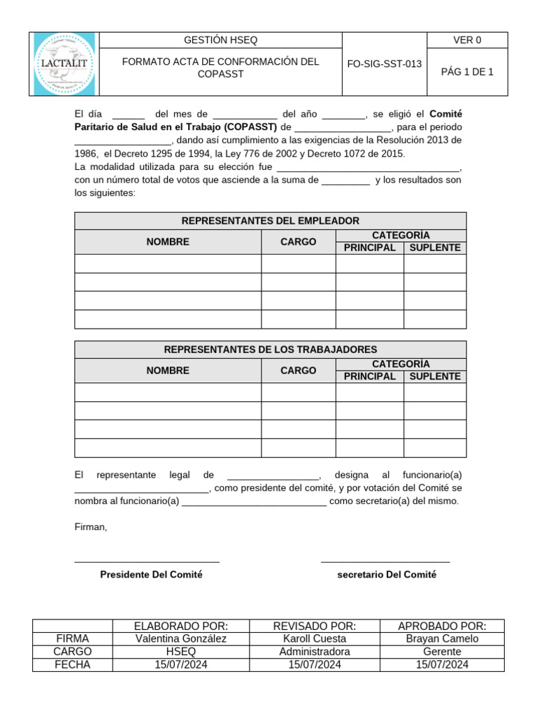 Formato Acta de Conformación Del Copasst Fo-Sig-Sst-013 | PDF