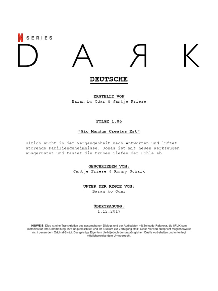 Dark GERMAN Episode Script Transcript Season 1 06 Sic Mundus Creatus ...