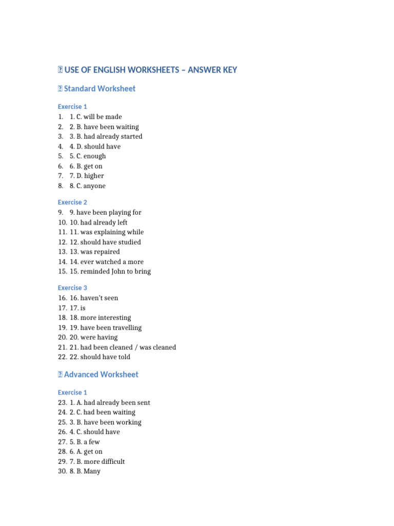 Use of English Worksheets Answer Key | PDF