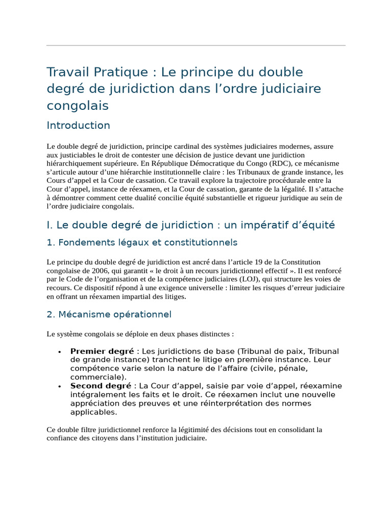 Double Degré de Juridiction en RDC | PDF | Séparation des pouvoirs ...