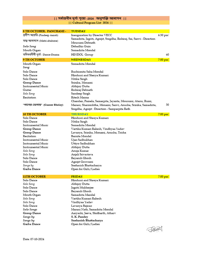 Cultural Program Schedule 2024 | PDF