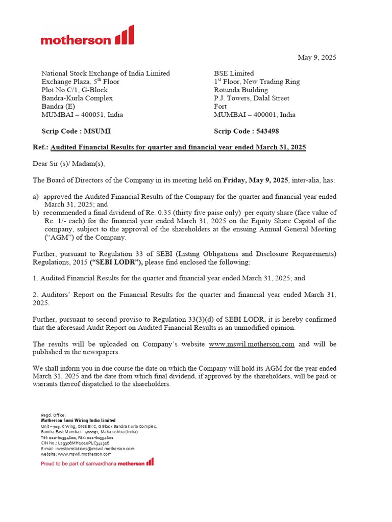 Scrip Code: MSUMI Scrip Code: 543498 Ref.: Audited Financial Results ...