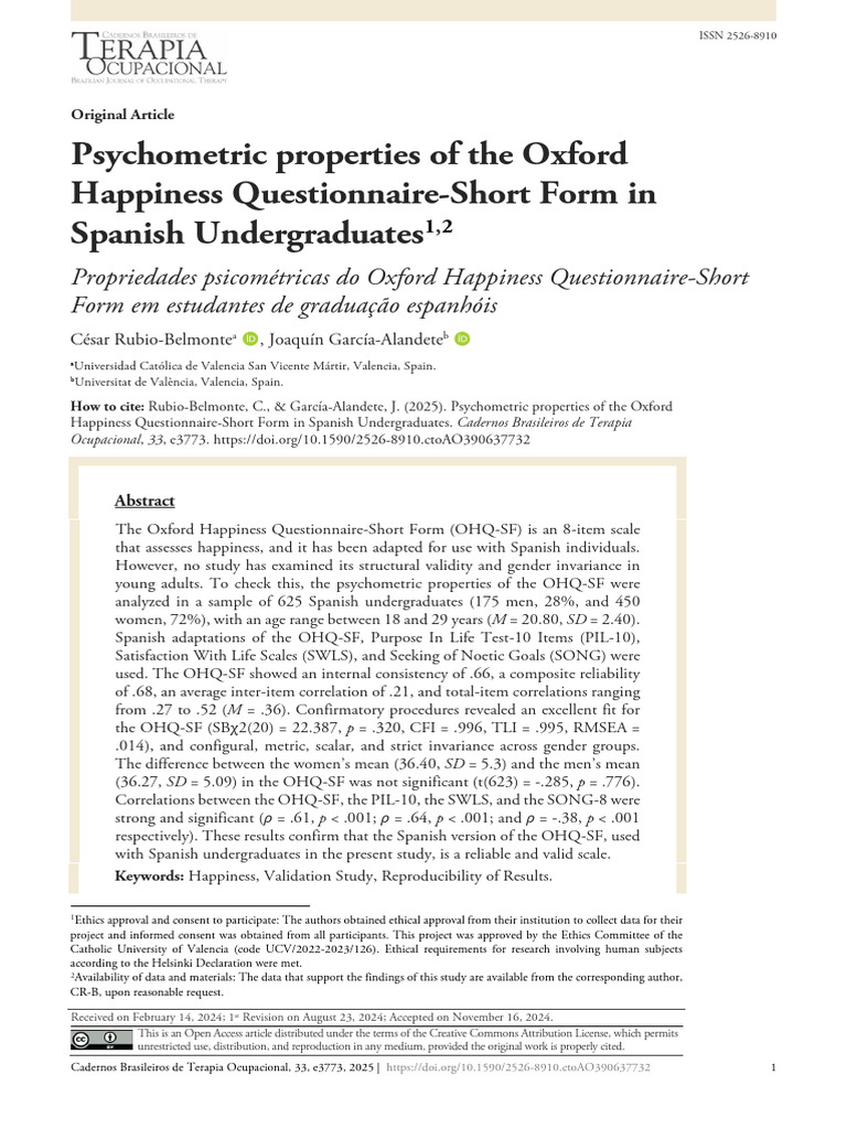 Psychometric Analysis of OHQ-SF in Spain | PDF | Quantitative Research ...
