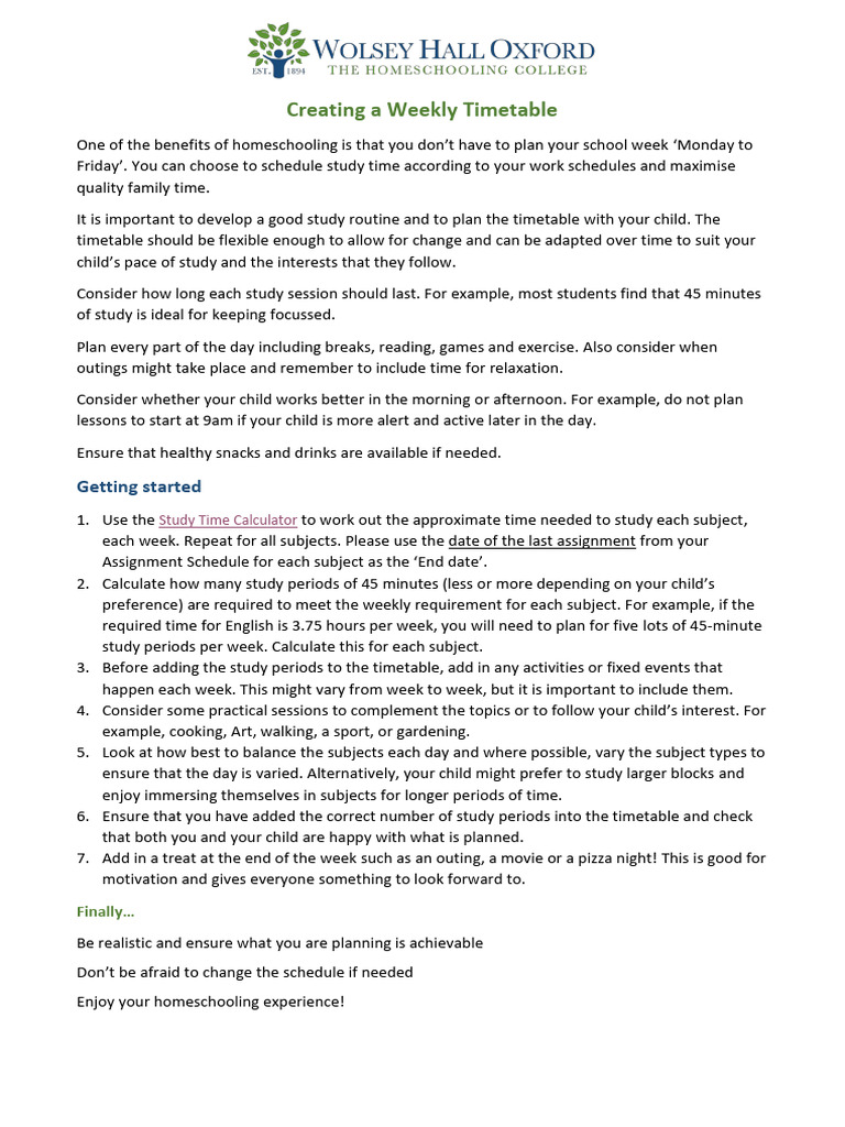 Homeschool Weekly Timetable Guide | PDF