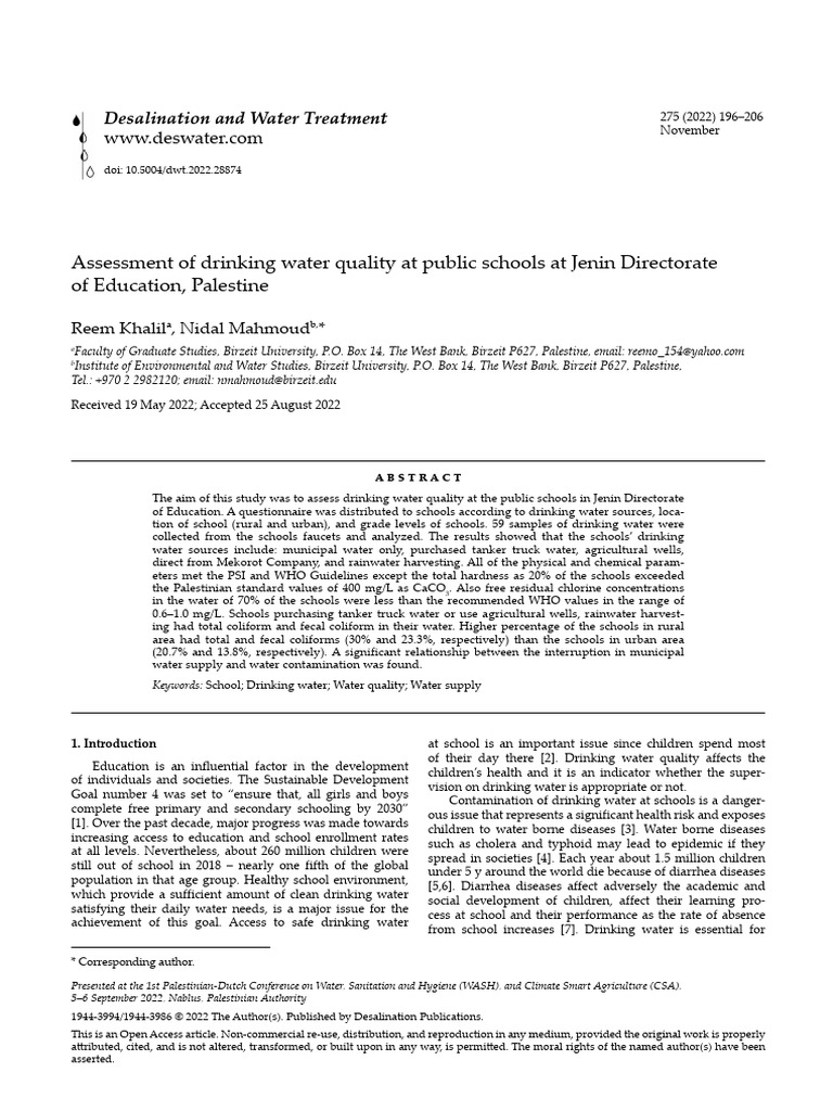 Assessment of Drinking Water Quality at Public Schools at Jenin | PDF ...