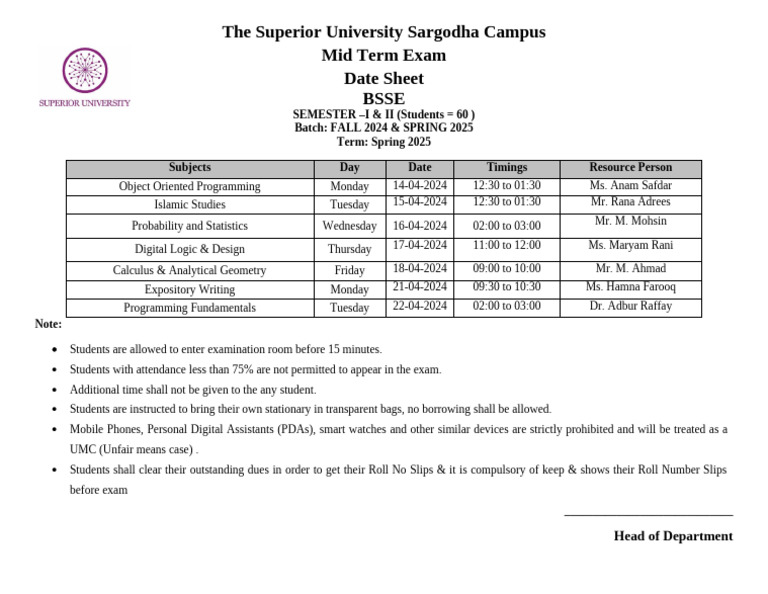 The Superior University Sargodha Campus Mid Term Exam Date Sheet Bsse | PDF
