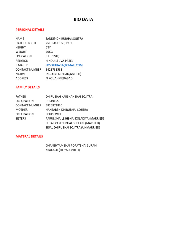 Sandip Sojitra's Personal Bio Data | PDF