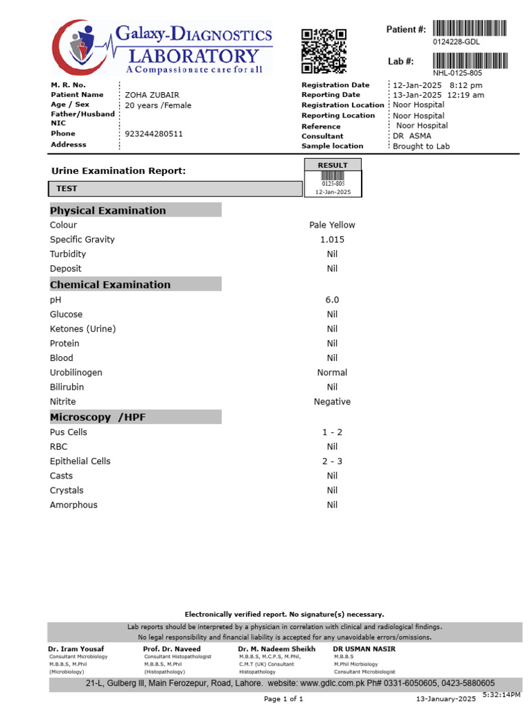 Urine Examination Report for Zoha Zubair | PDF | Medicine | Clinical ...