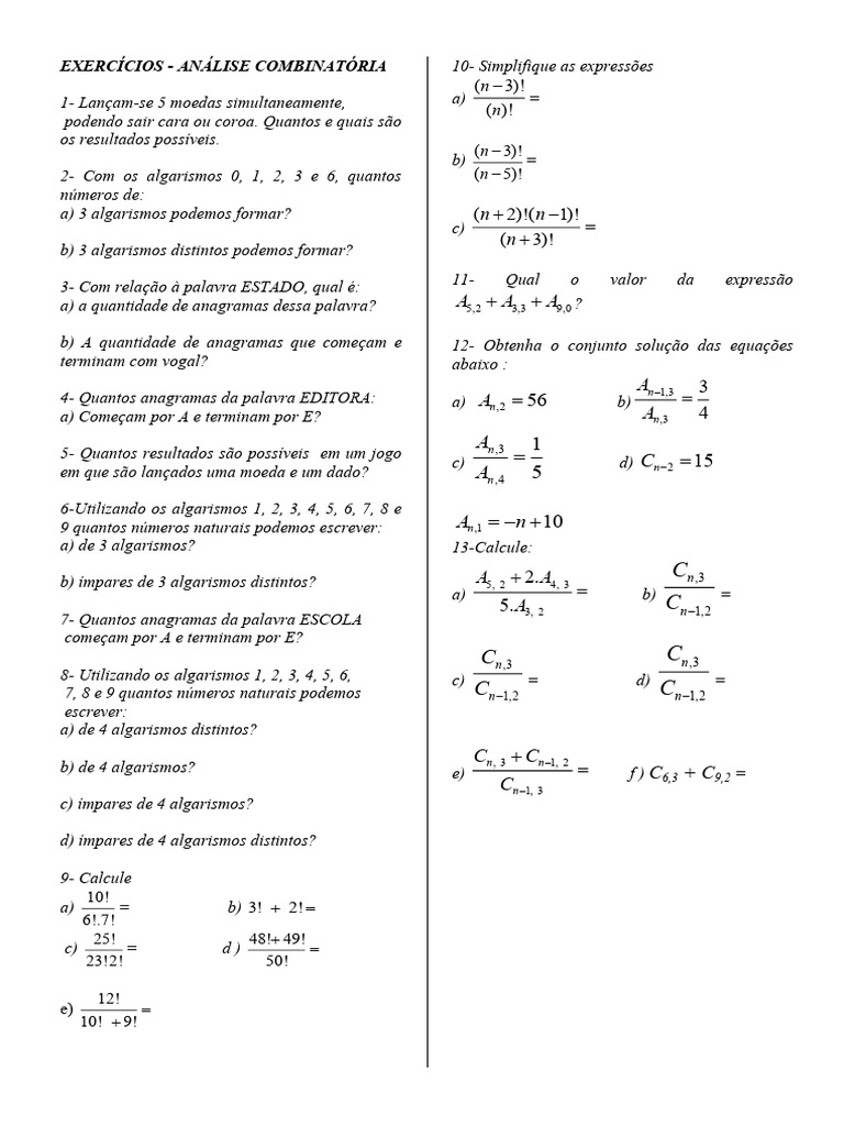 Exércícios Análise Combinatória | PDF | Matemática