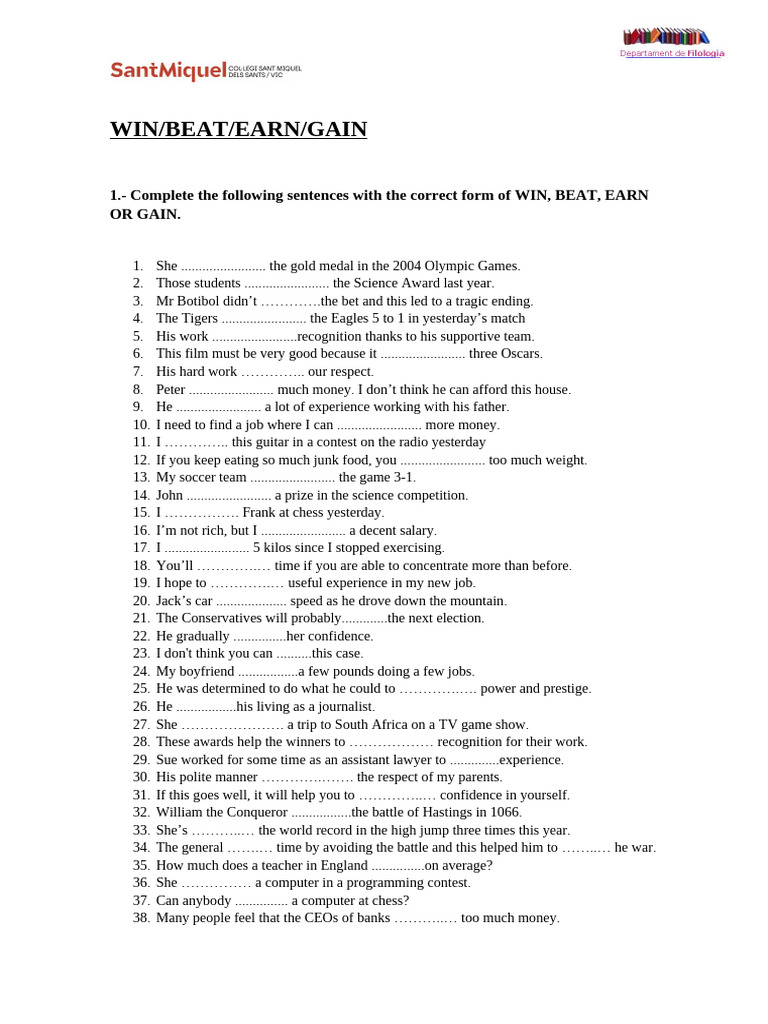Win, Beat, Earn, Gain Exercises | PDF | Association Football