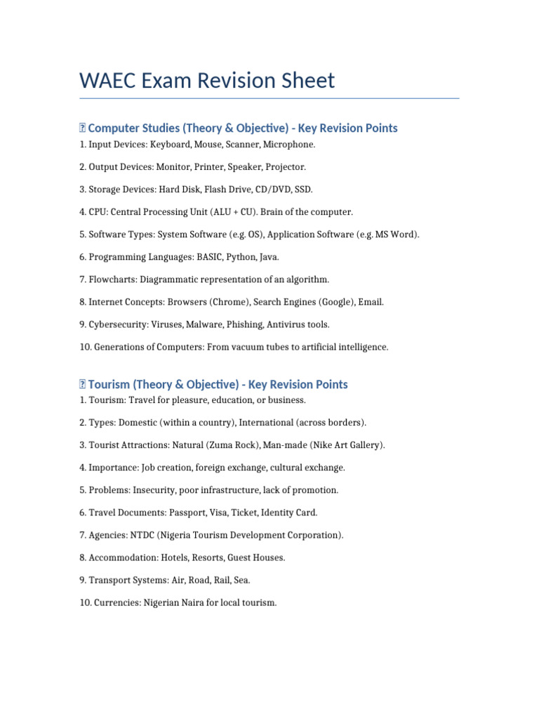 WAEC Revision Computer Tourism | PDF