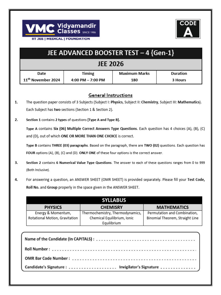 JEE Advanced 2026 Booster Test Details | PDF | Mass | Force
