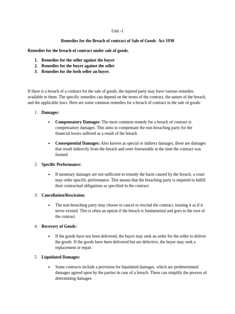 Breach of A Contract For The Sale of Goods | PDF | Legal Remedy | Damages