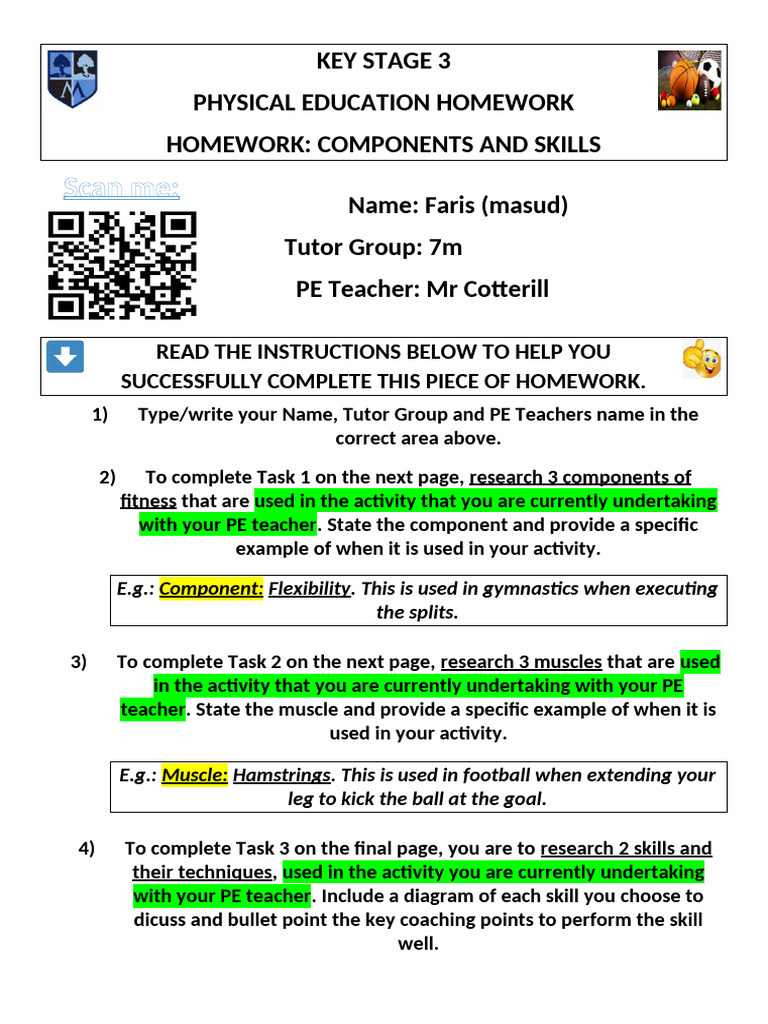 Components and Skills Homework | PDF | Physical Education