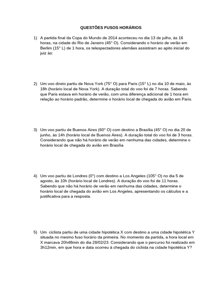 Questões sobre Fusos Horários | PDF
