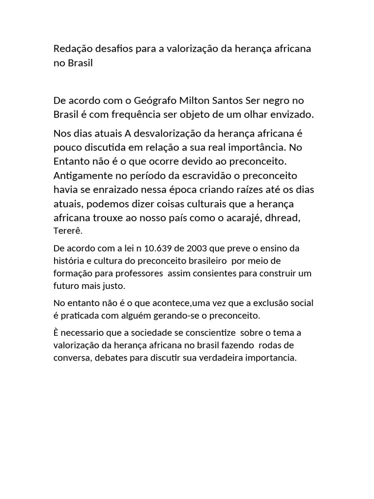 Redação Desafios para A Valorização Da Herança Africana No Brasil | PDF