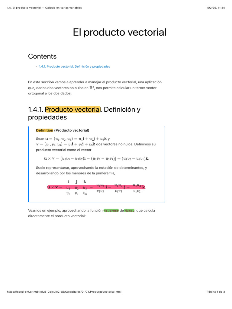 Definición y propiedades del producto vectorial | PDF | Vector ...