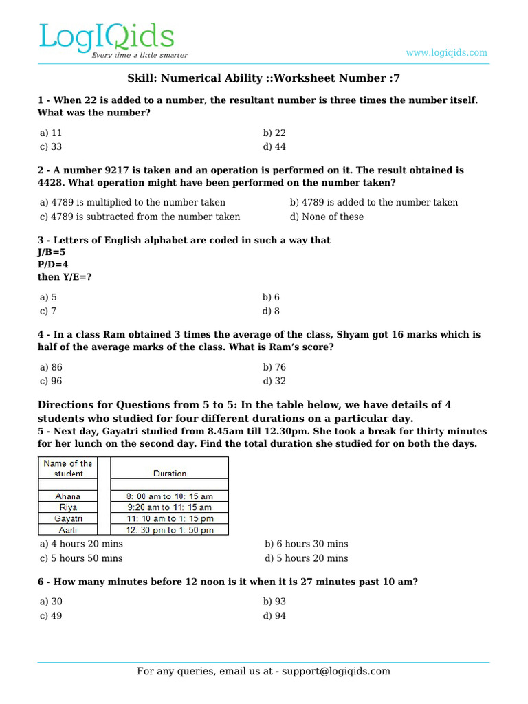 Numerical Ability Worksheet 7 | PDF | Numbers | Mathematical Objects