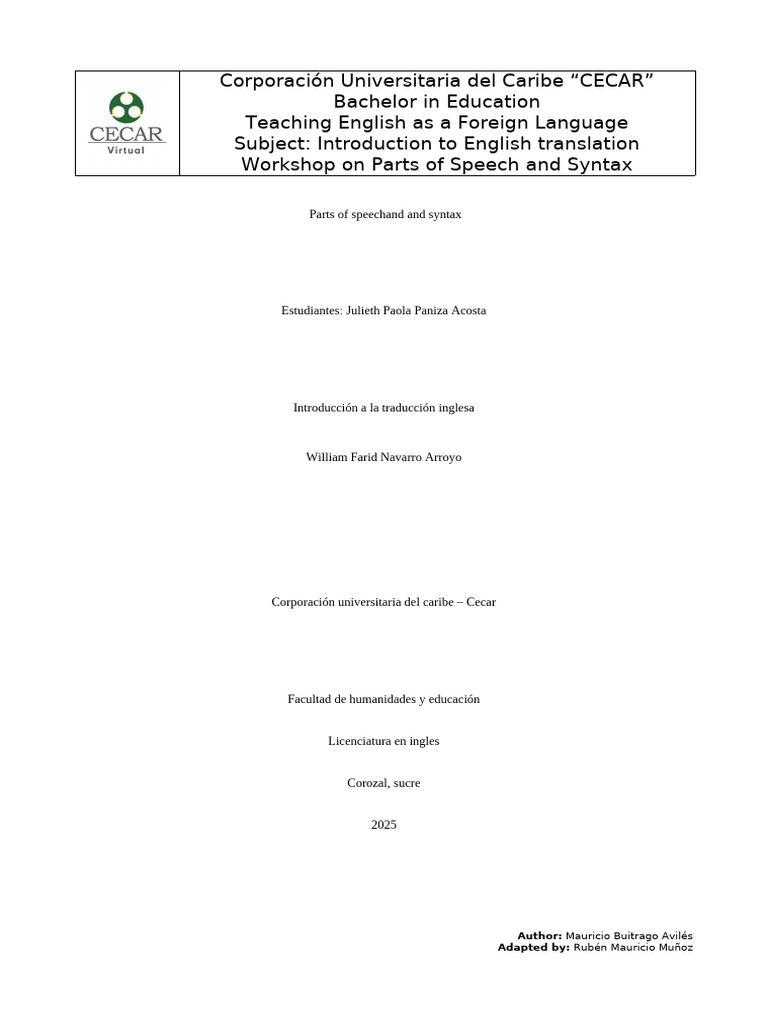 Workshop On Syntax - CECAR | PDF | Part Of Speech | Clause