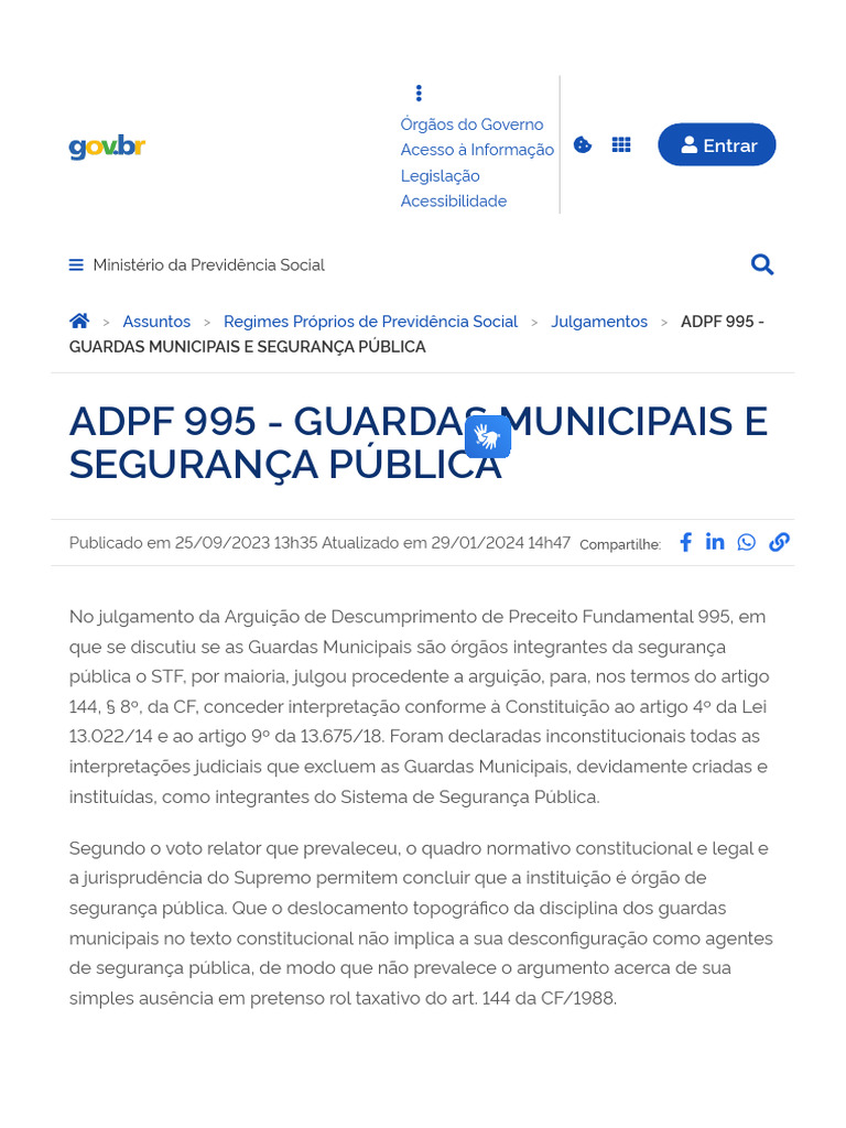 ADPF 995: Guardas Municipais na Segurança Pública | PDF
