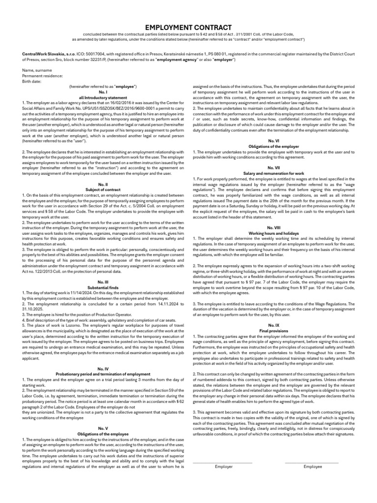 Employment Contract - Nov 14 | PDF | Employment | Working Time