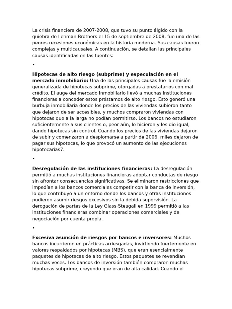 Causas de la crisis financiera 2008 | PDF | Desregulación | Economias