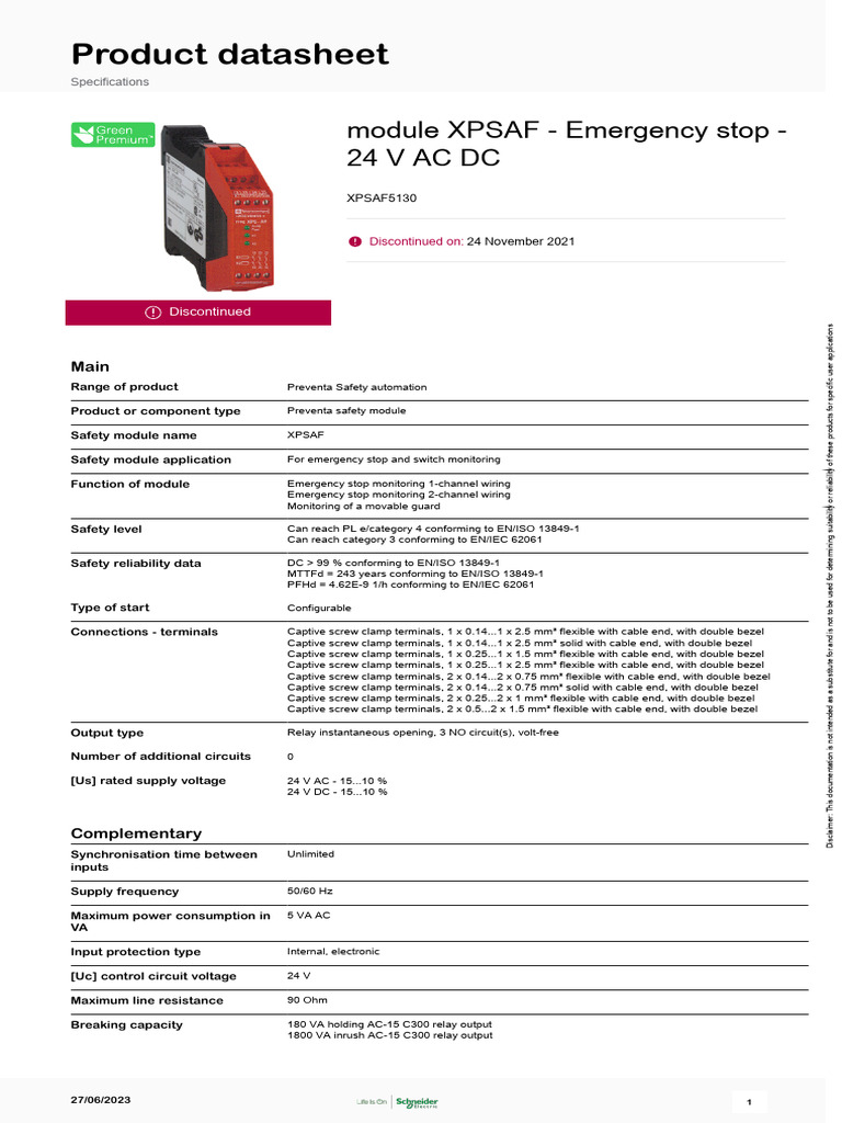 XPSAF5130 Emergency Stop Module Datasheet | PDF | Relay | Alternating ...
