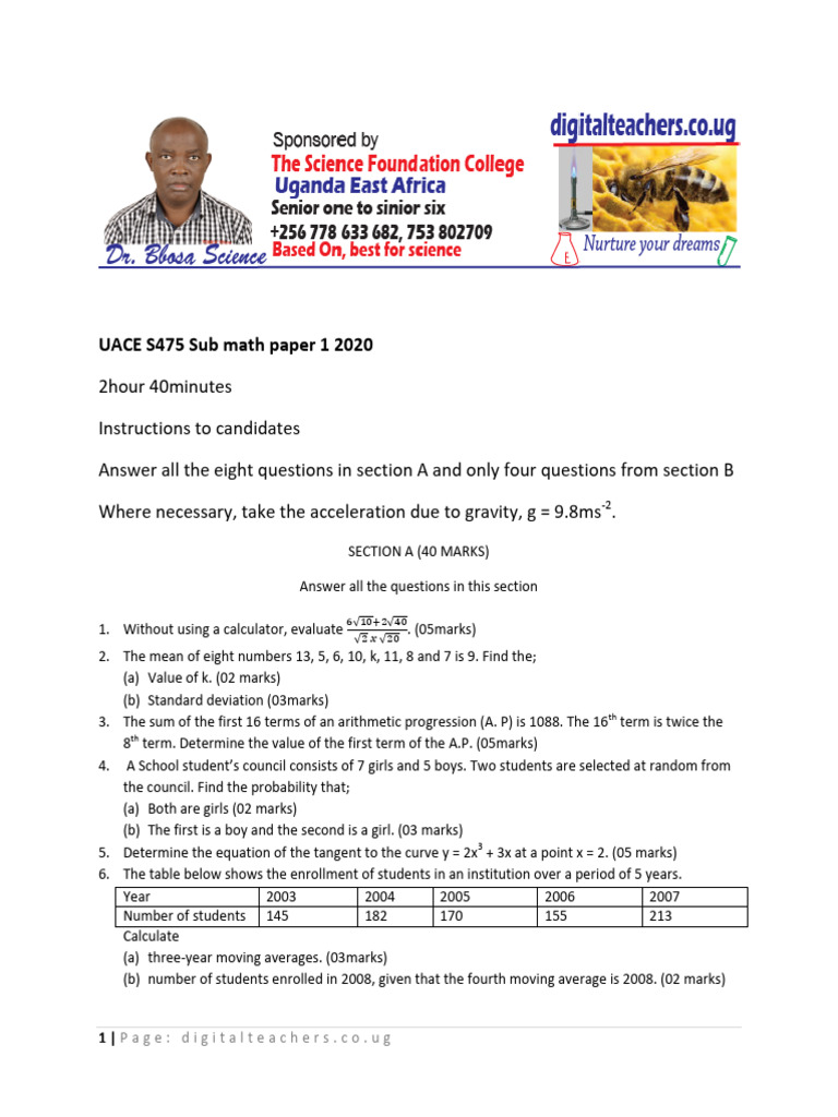 UACE 2020 Sub Math Paper 1 Solutions | PDF | Matrix (Mathematics ...