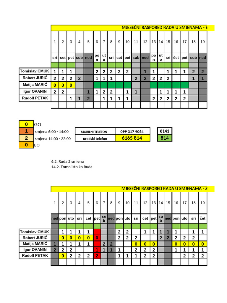 Mjesečni Raspored Rada U Smjenama: Smjena 6:00 - 14:00 Smjena 14:00 ...