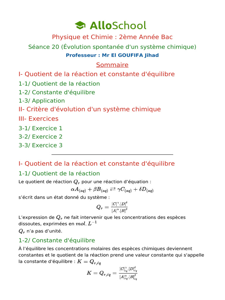 Évolution d'un Système Chimique | PDF | Équilibre chimique | Acide acétique