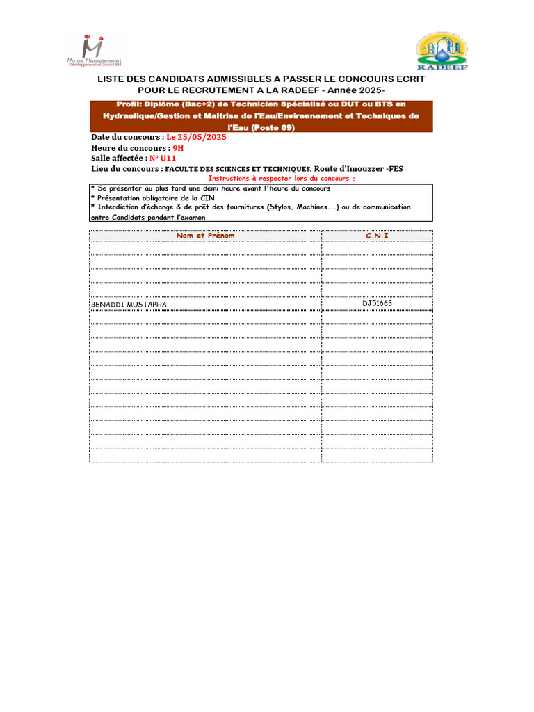 Liste des candidats au concours RADEEF 2025 | PDF