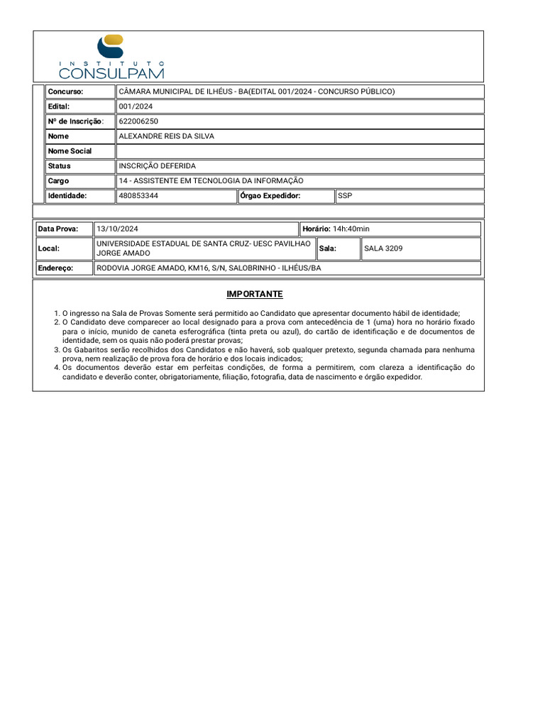 Inscrição Deferida para Concurso Ilhéus 2024 | PDF
