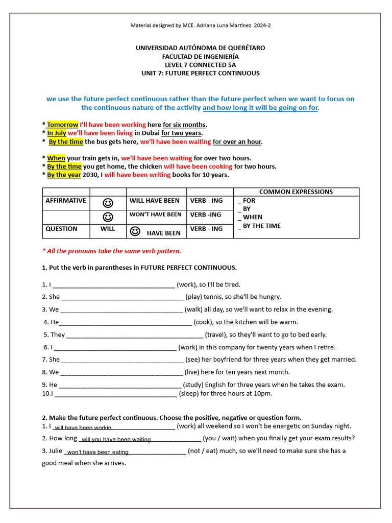 Future Perfect Continuous Grammar Guide | PDF | Perfect (Grammar ...