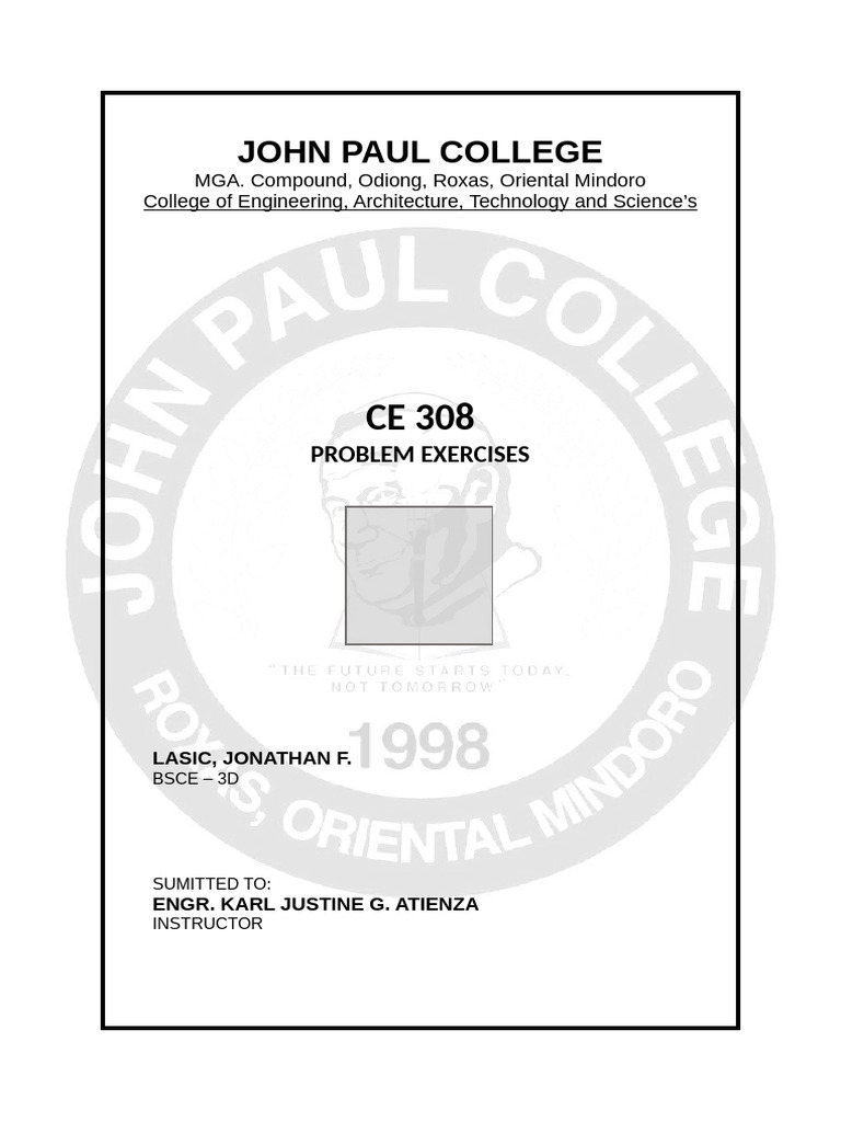 CE 308 Problem Exercises - John Paul College | PDF