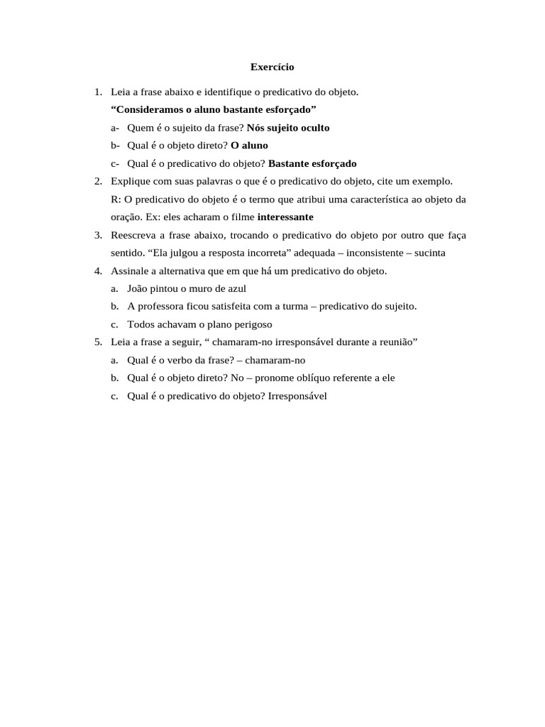 Exercícios sobre Predicativo do Objeto | PDF