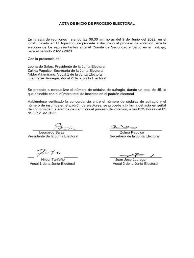 Acta de Inicio de Proceso Electoral 2022 | PDF
