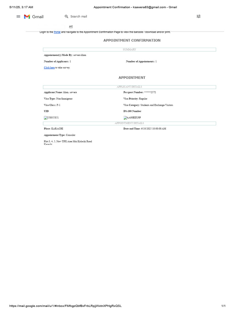 Appointment Confirmation for F-1 Visa | PDF