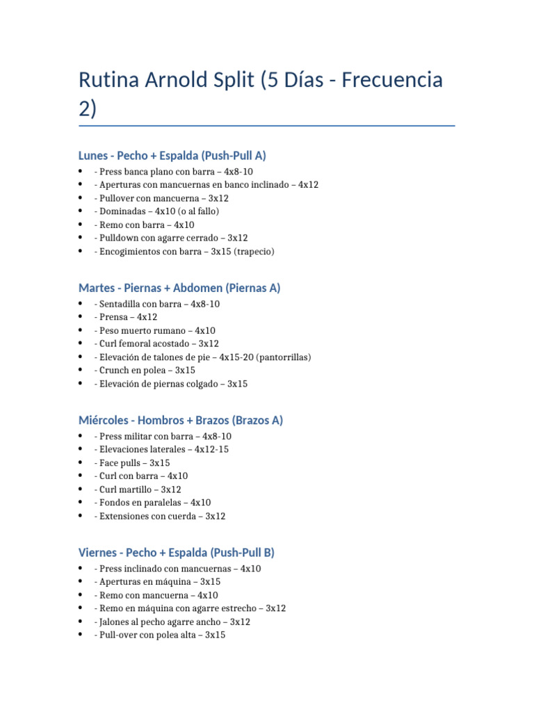 Rutina Arnold Split 5 Dias | PDF